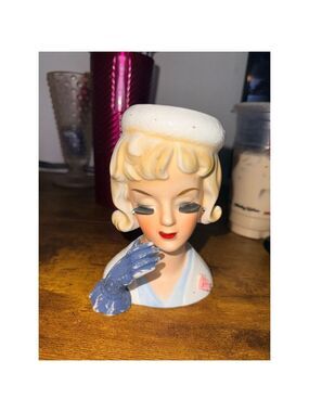 Vintage head planter Ucagco lady head vase, Japan blue glove